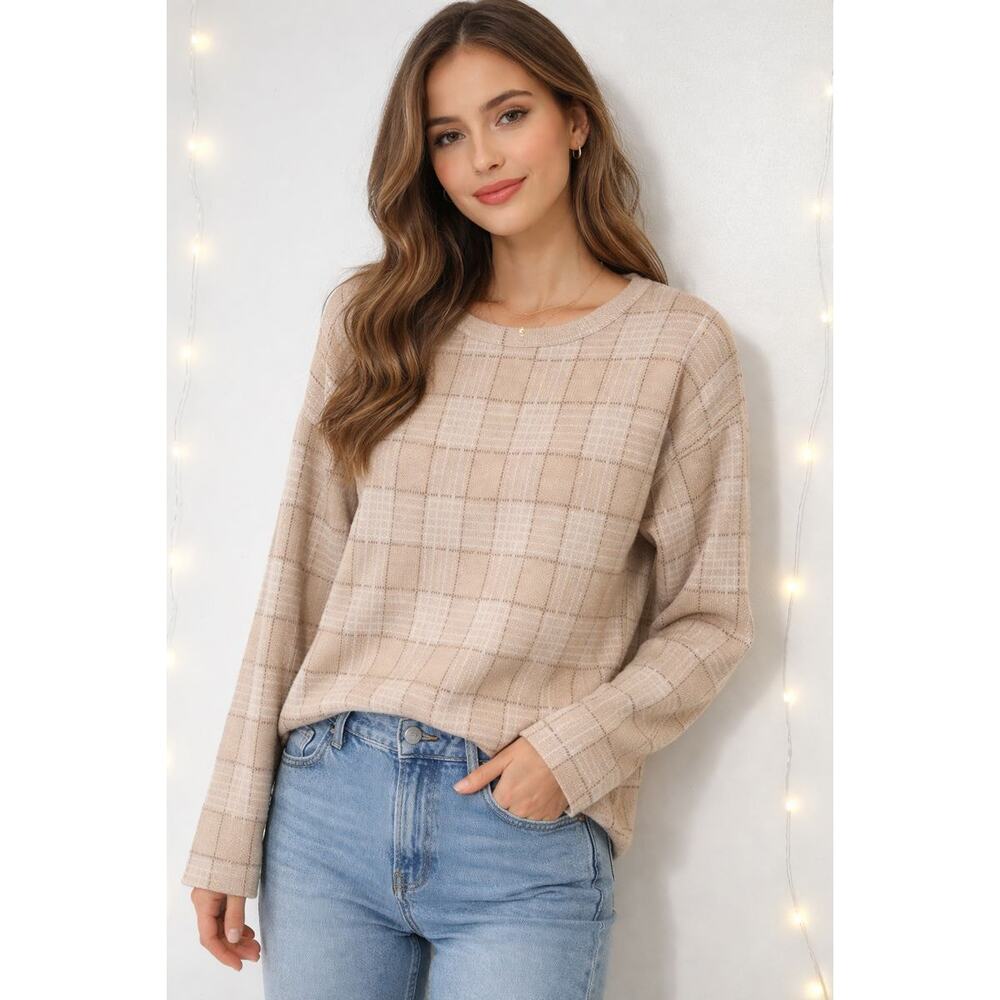 TAHARI Women's Plaid Boxy Knit Sweater Heavyweight Size Large Preppy Old Money